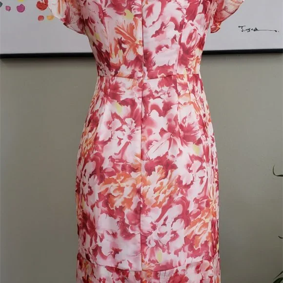 Carmen Marc Valvo Pink Floral Silk Ruffle Dress Size 4 - Picture 6 of 13